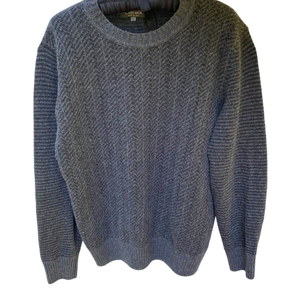 Lorenzo Magni Italy Wool Sweater Size Large Light & Dark Gray Stripes Crew Neck